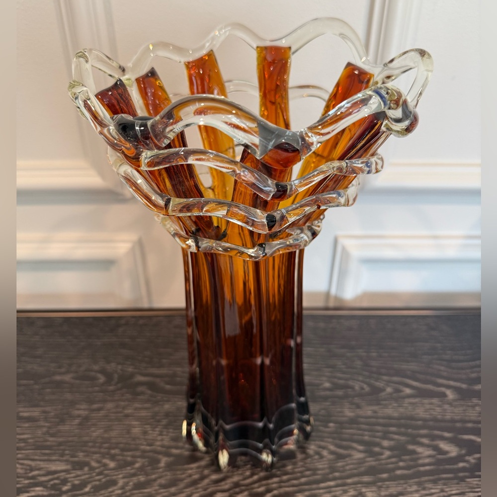 Leopard Scalloped Murano Style Blown Glass Vase